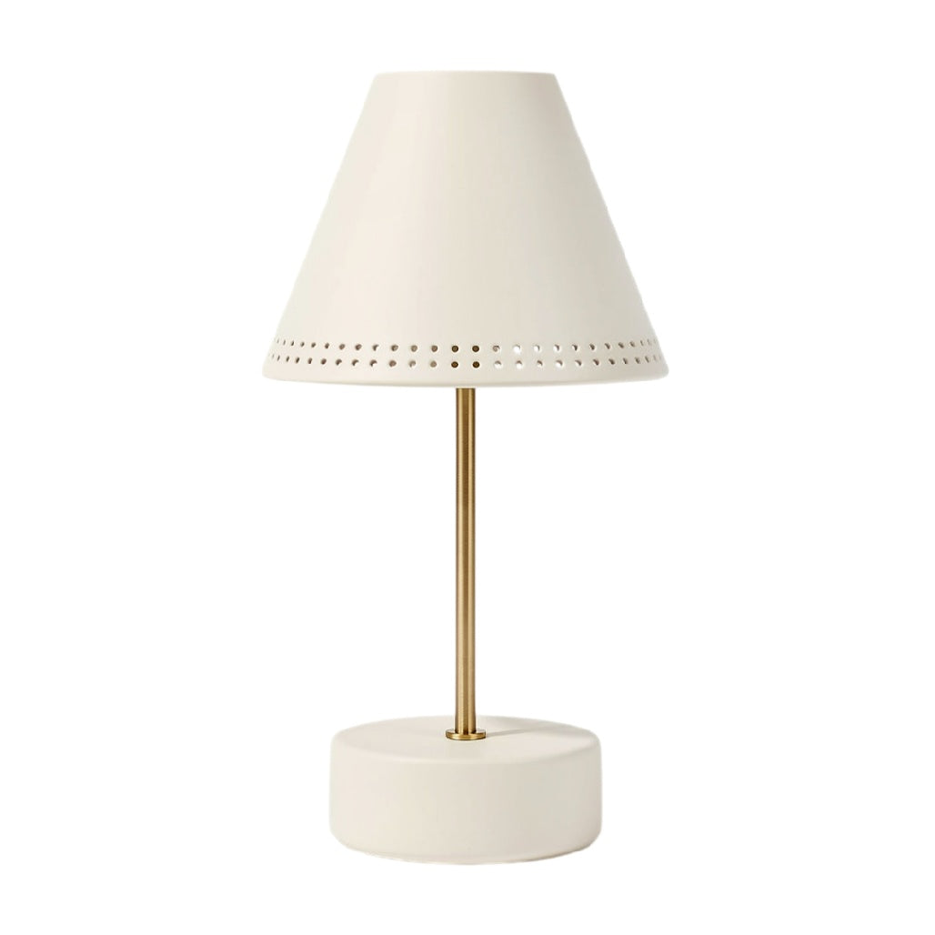 **Moderne tafellamp met een witte kap en gouden standaard**