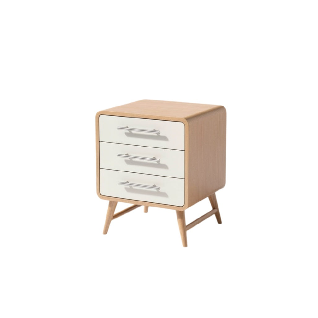 **Technische titel in het Nederlands: Moderne nachtkast met drie lades en houten afwerking**