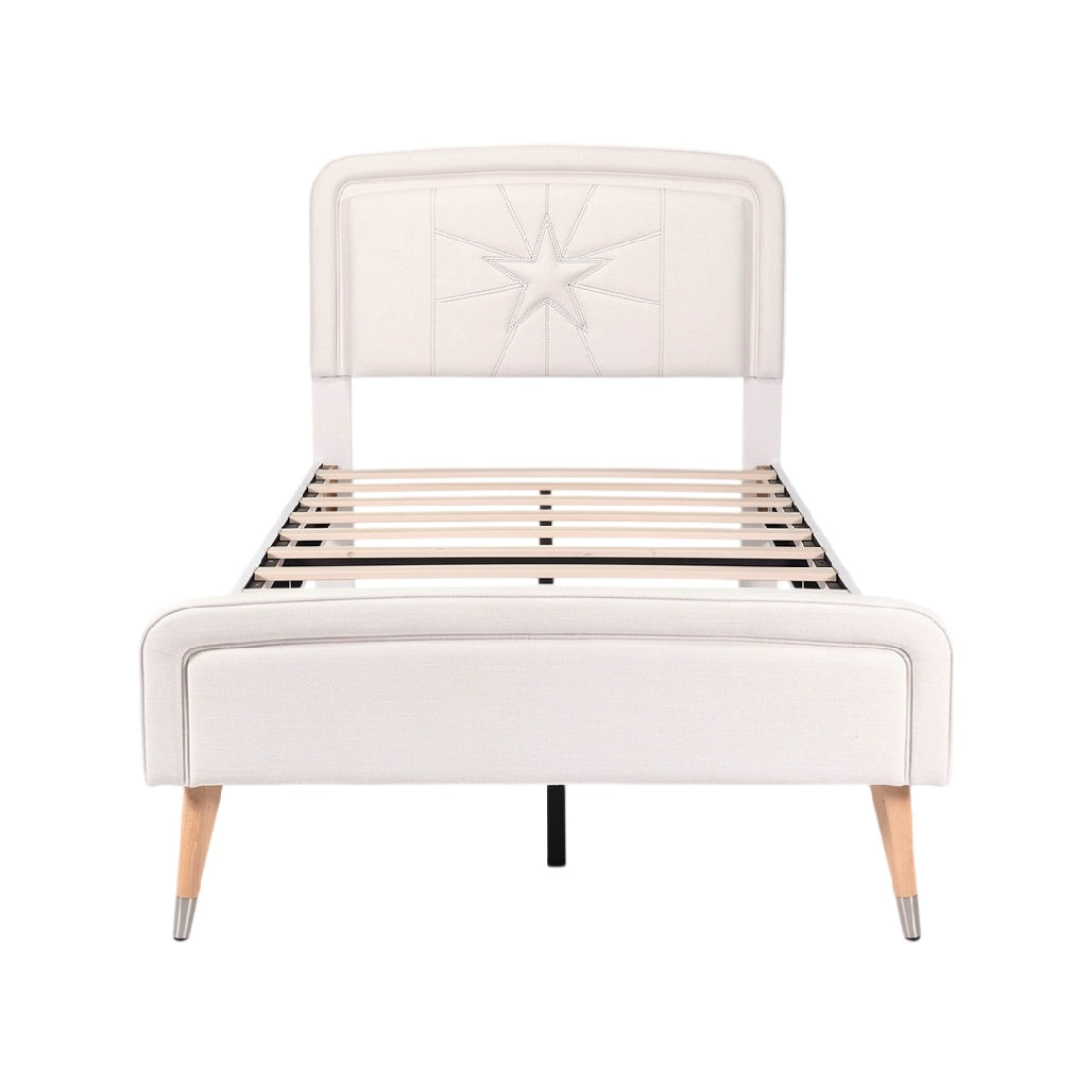 **Moderne bed met kunstleren hoofdbord en houten poten**