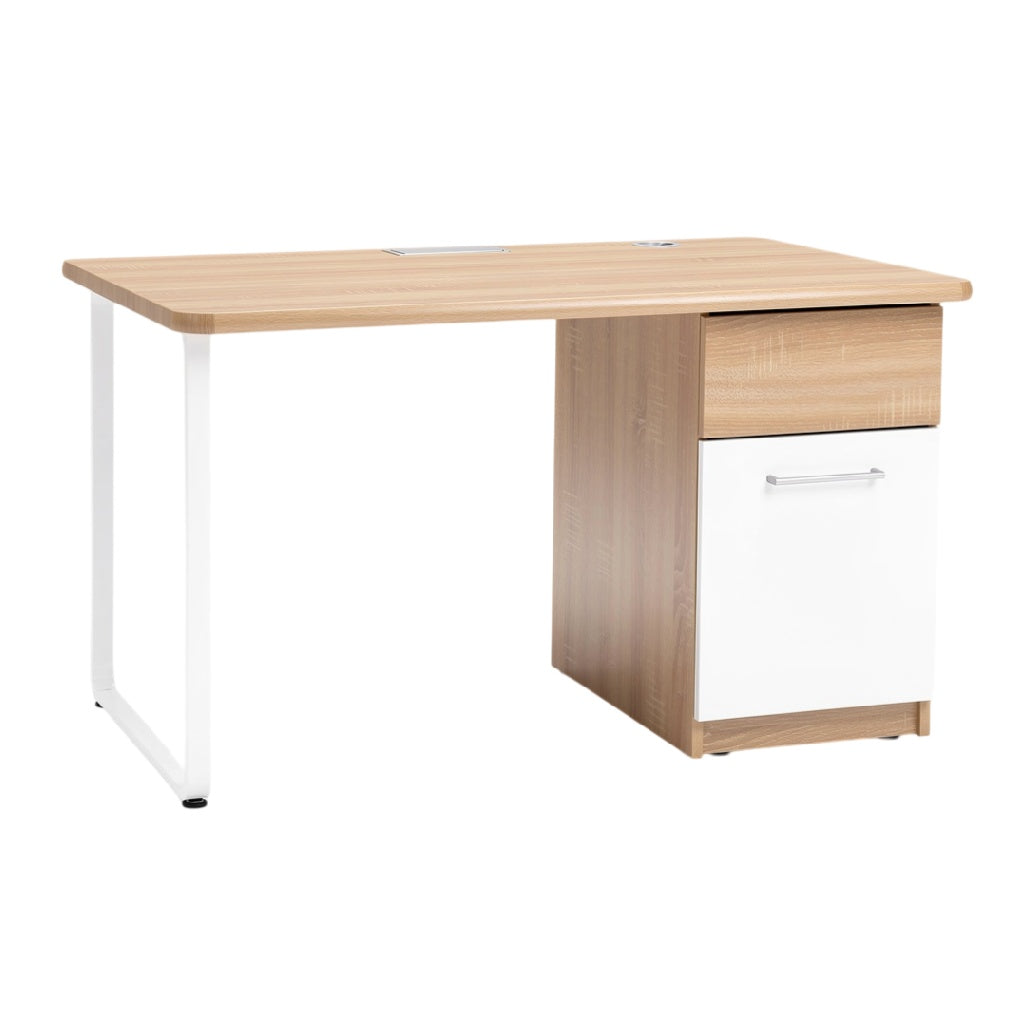 **Moderne houten bureau met lade en metalen poten**